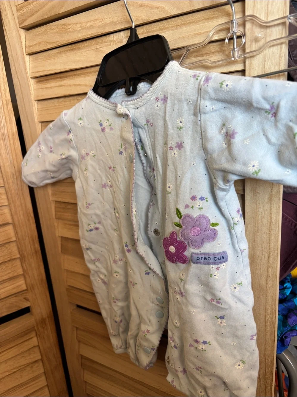 Carter's Light Blue Floral Snap Romper with Purple Trim 0-3 months